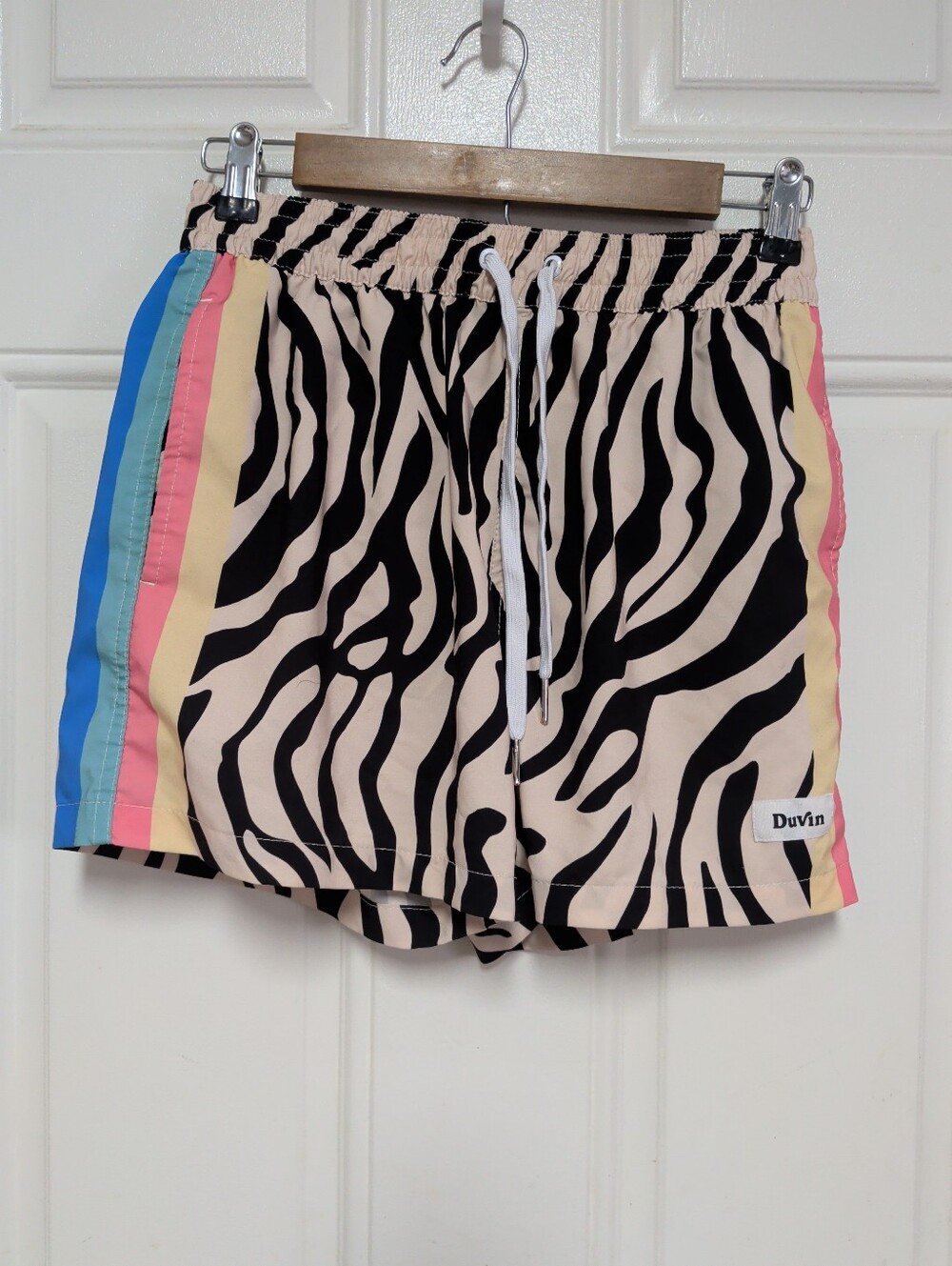 Duvin Swim Shorts Mens Small Zebra Disco Trunks Rainbow Stripe Brief Lined